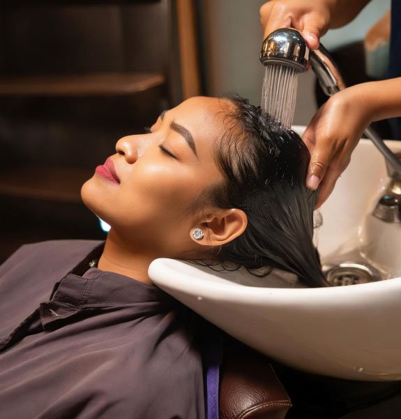 Woman getting hair washed at salon